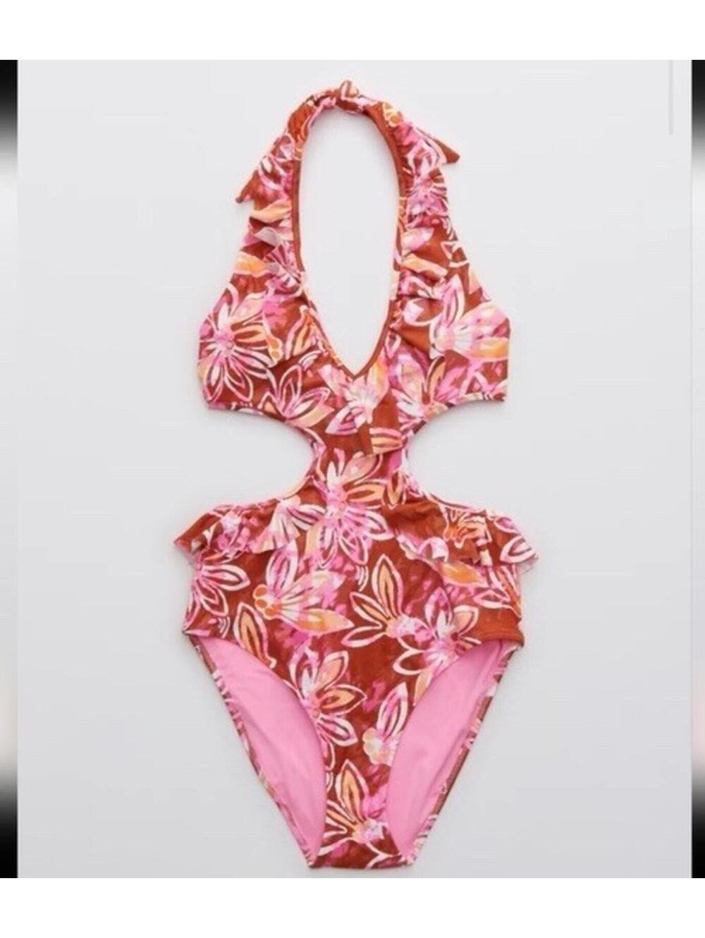 NWT Aerie Ruffle Cut Out One Piece Pink Floral Swimsuit Beach Size M